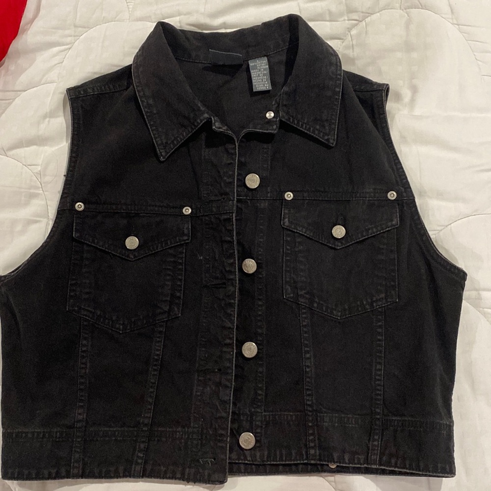 Waist length black denim vest